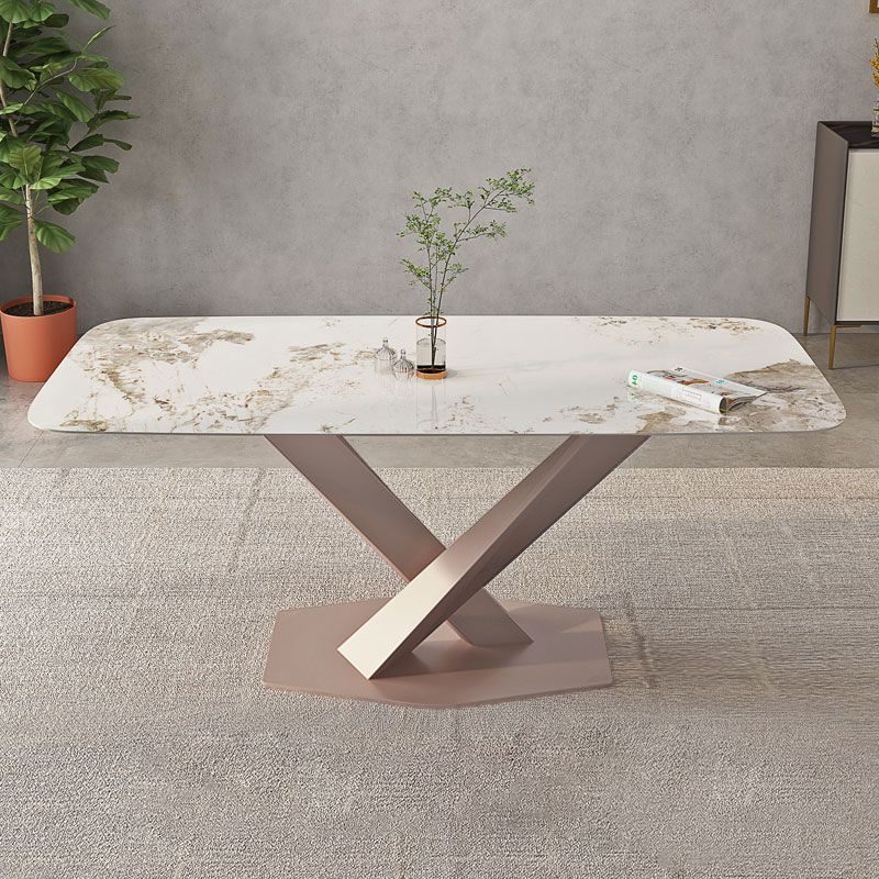 Modern Rectangle Dining Table Sintered Stone Table with Pedestal Base