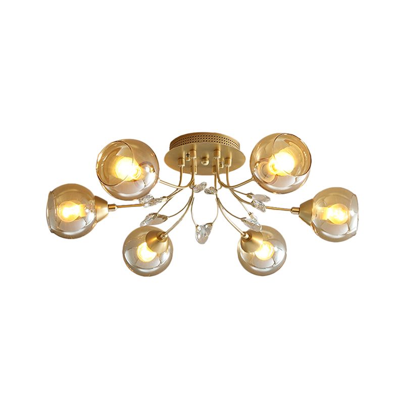 Amber Glass Ball Semi plafondspoeling Licht traditioneel 6/9-licht woonkamer spoeling licht armatuur met kristal accent