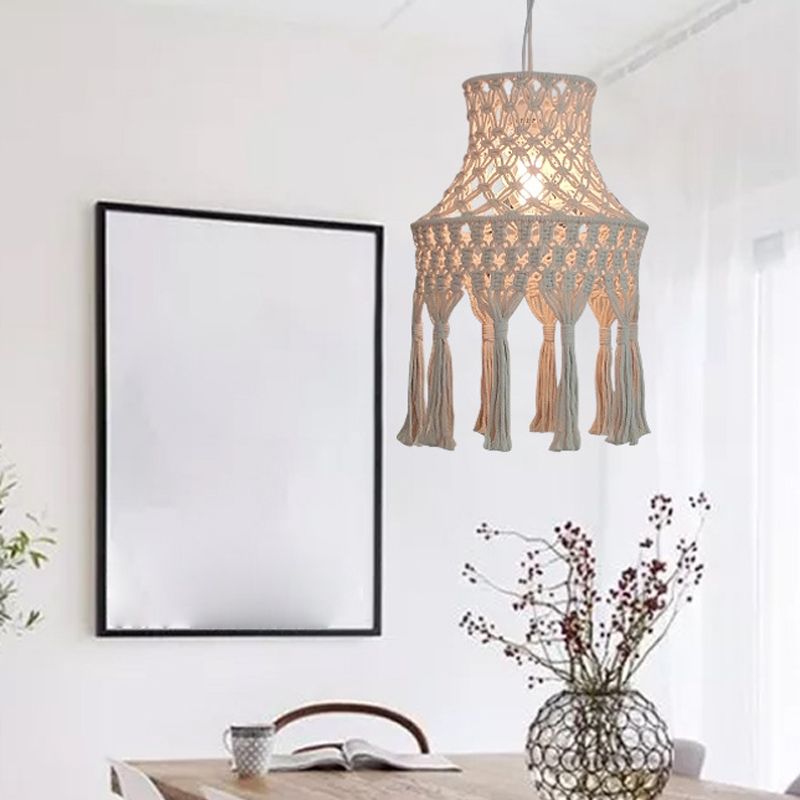 Beige Flared Suspension Light Countryside Natural Rope 1 Head Dining Room Pendant Lighting