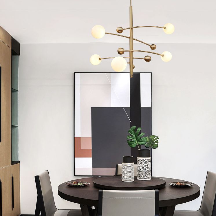 Post-Modern Hanging Chandelier Light Opal Glass Shade 5 Light Ceiling Chandelier in Gold  for Bedroom