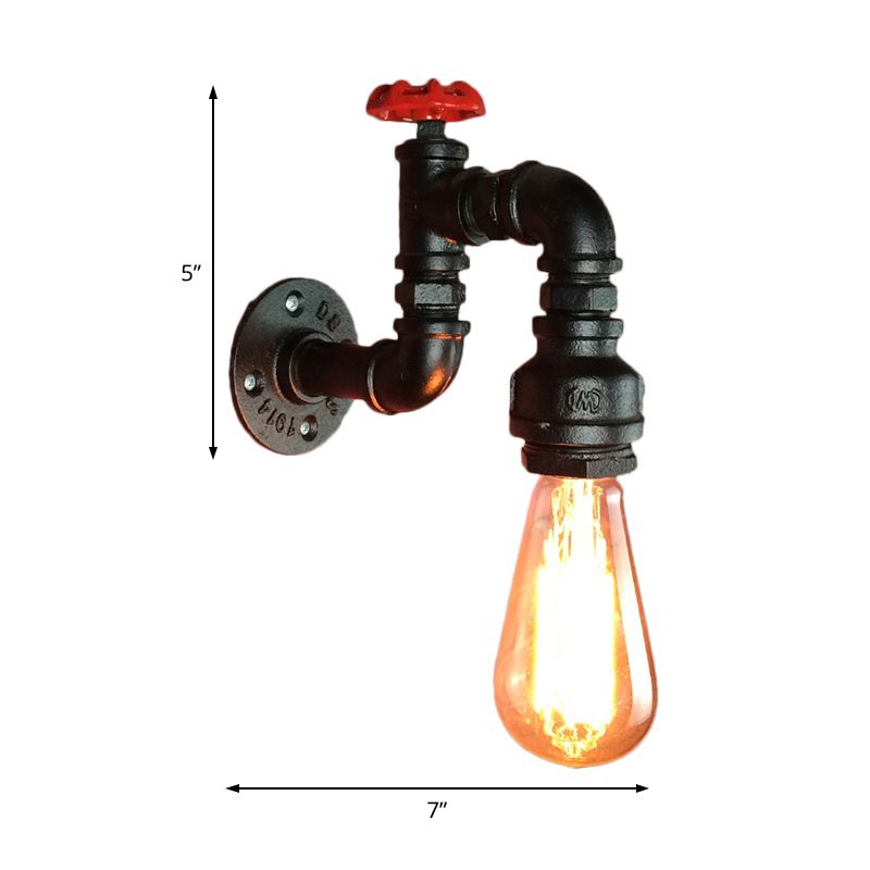 Black 1 Head Wall Sconce Light Rustic Industrial Metal Pipe Wall Lamp with Red Faucet Valve for Living Room