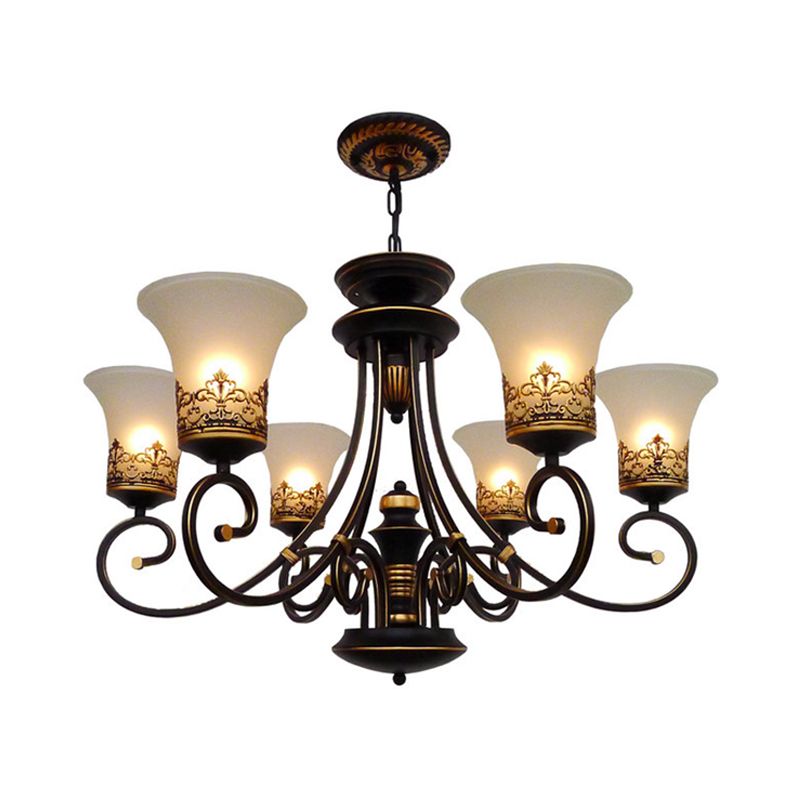 6/8-Light Ceiling Lamp with Bell Shade Cream Glass Traditional Style Guest Room Chandelier Lighting Fixture in Black-Gold