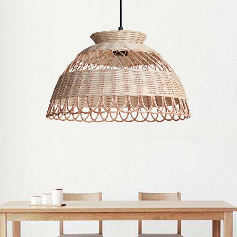 Hollowed Scalloped Bowl Pendant Lighting Asian Bamboo Single-Bulb Khaki Ceiling Lamp
