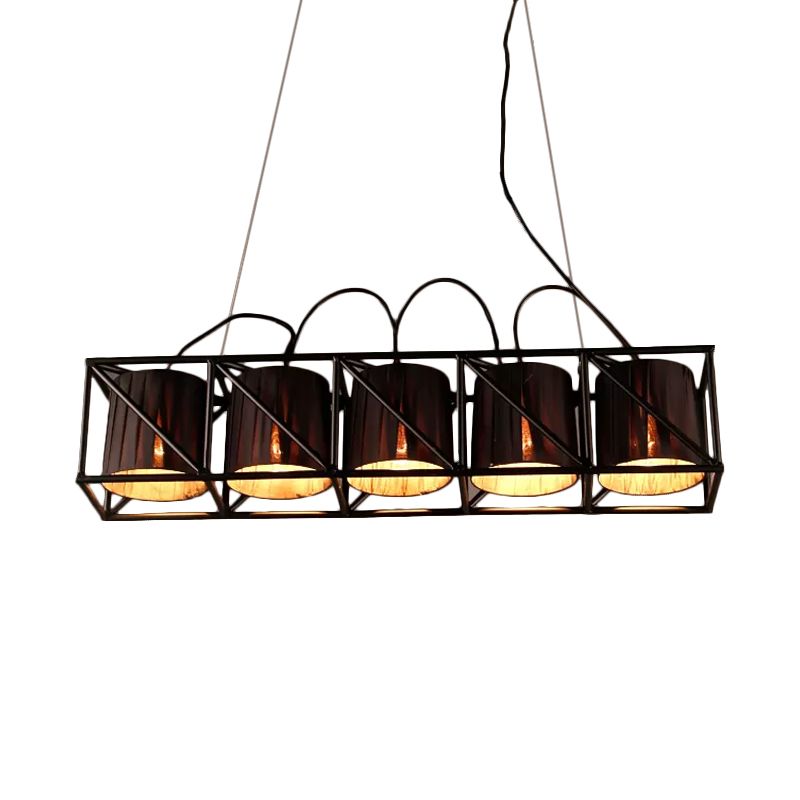5-Light Barrel Island Lighting Traditional Black Fabric Suspension Pendant for Restaurant