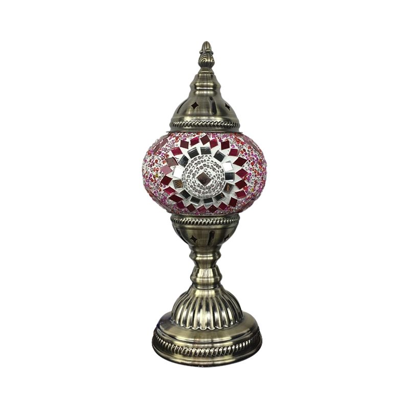 Single Night Stand Light Turkish Bedroom Table Lamp with Spherical Yellow/Red/Blue Glass Shade in Bronze