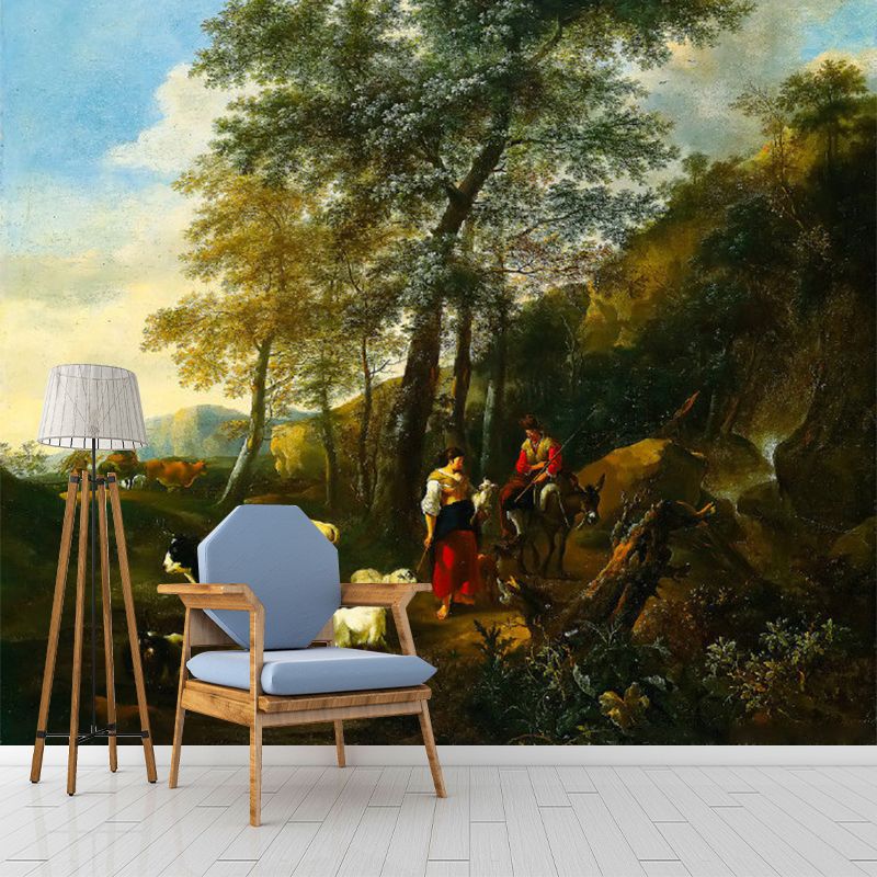 Classic Grazing Painting Wallpaper Murals Brown Moisture Resistant Wall Decor for Home
