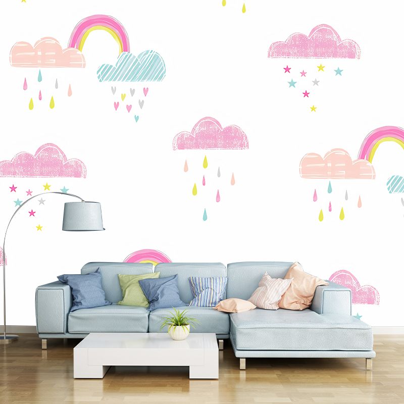 Schlichtes Regen- und Wolken-Wandbild für das Kinderzimmer, maßgeschneiderte Wanddekoration in Pastellfarben