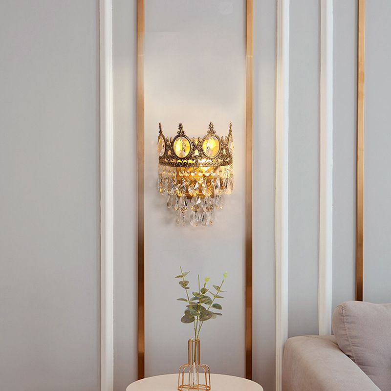 Salon de salon en forme de couronne Lumière antique en métal antique 3-Bulb Gold Gold avec des cristaux en larmes