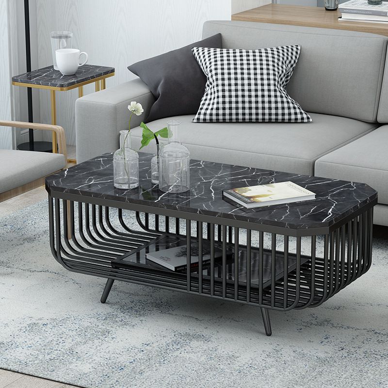 39.37" L Rectangle Slate Coffee Table Iron 4 Legs Cocktail Table with Shelf