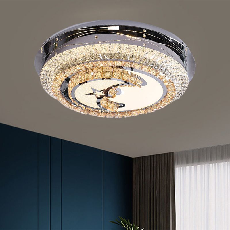 LED Round Flush Light Contemporary Stainless-Steel Crystals Flush Mounted Lamp with Half-Moon Design