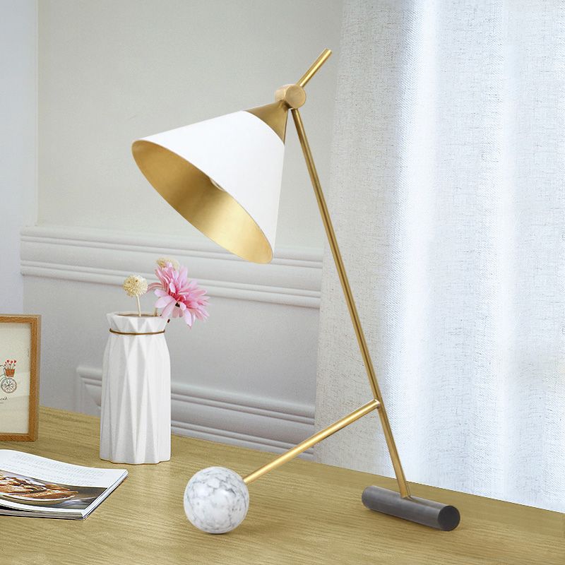 White Wide Flared Desk Lighting Modern LED Metallic Table Lamp with Tube and Orb Marble Base