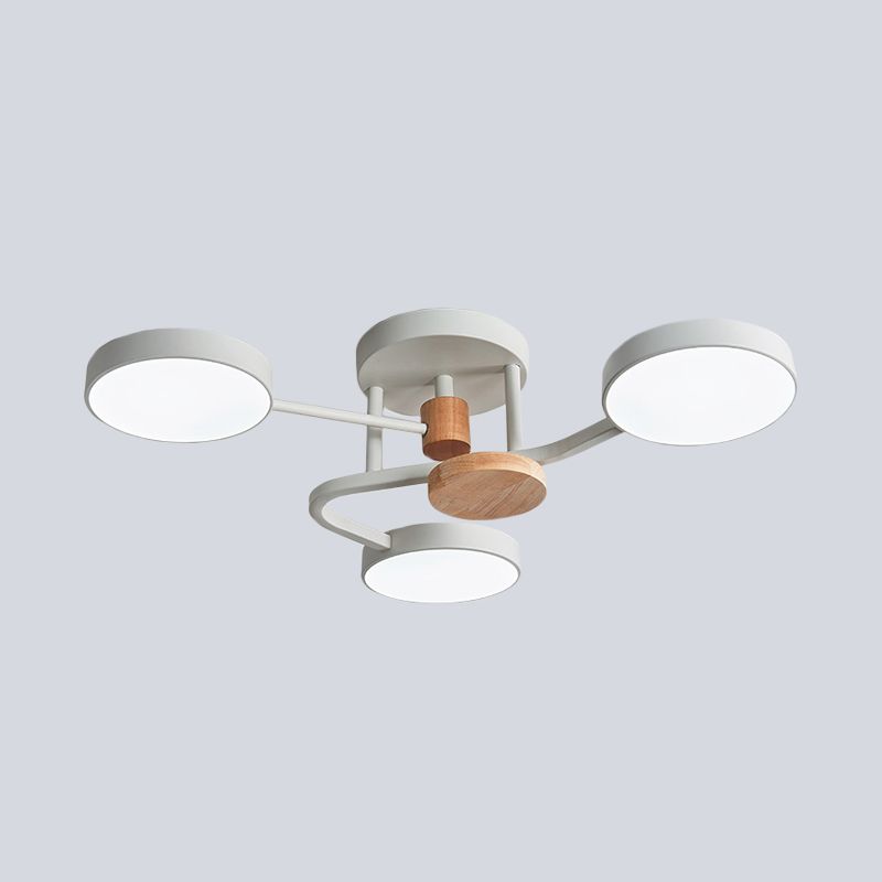 Round Semi Flushmount Lighting Macaron Metallic LED Bedroom Flush Mount Lamp Fixture in Grey/White/Green with Curved Arm