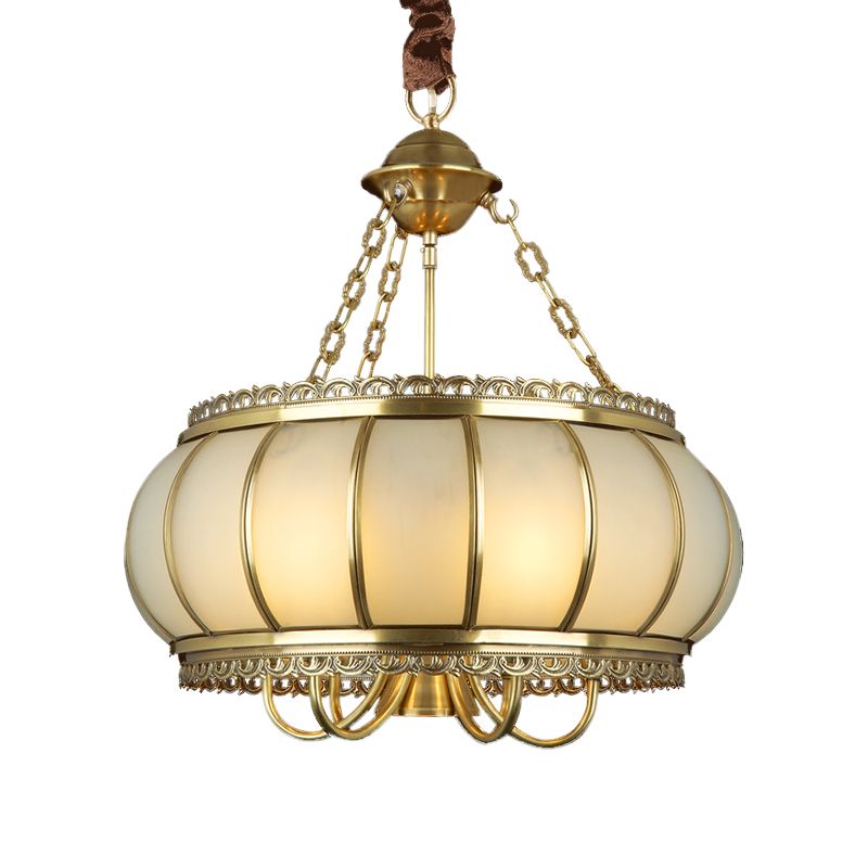 Drum Living Room Pendant Chandelier Colonial Opal Blown Glass 4 Heads Brass Hanging Ceiling Light