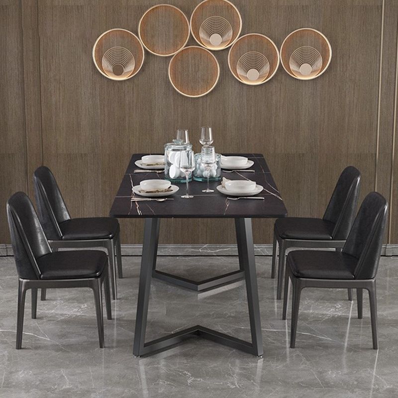 Modern Rectangle Stone Table for Restaurant Balck Metal Pedestal Dining Table