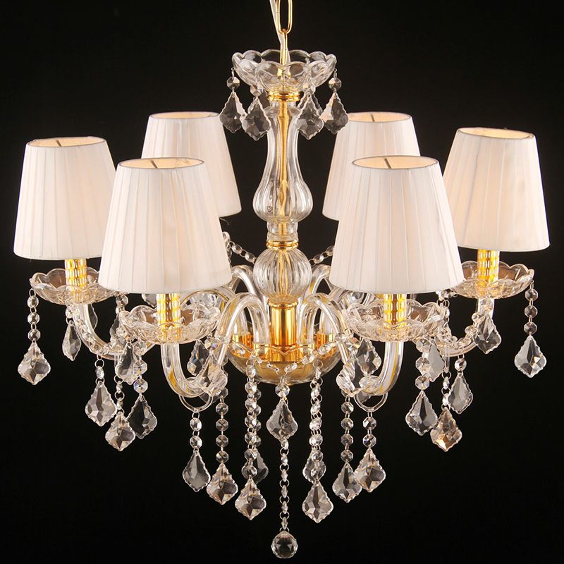 Pleated Fabric White Chandelier Empire Shade Transitional Pendant Light with Crystal Pendalogues