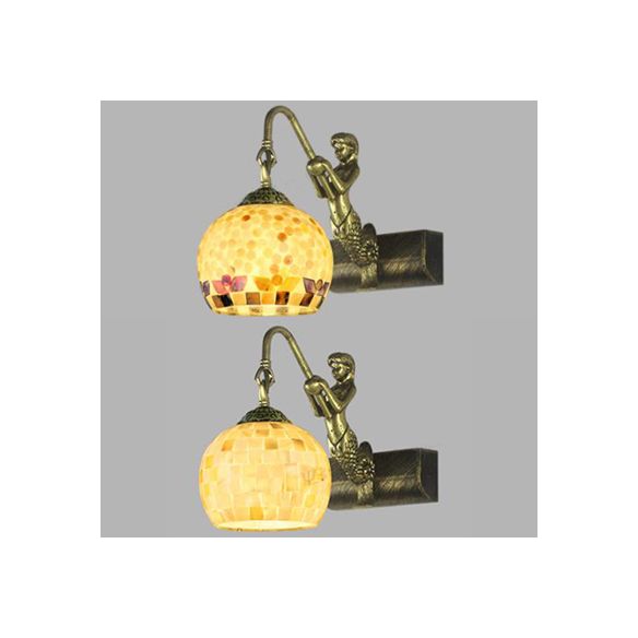 Globe Wall Mount Light Tiffany Beige/Beige-Red Shell 1 Head Bathroom Sconce Light Fixture with Mermaid Decoration