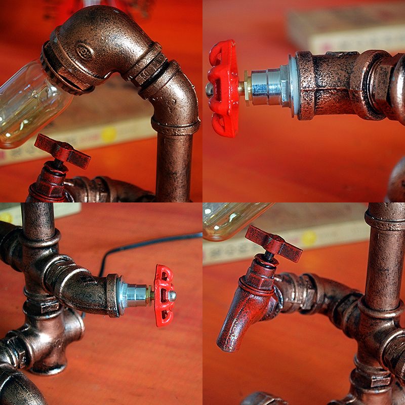 Iron Pipe Man Table Lighting Rustic 1 Head Restaurant Table Lamp with Red Valve and Faucet in Bronze Finish