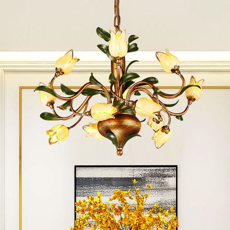 Traditional Blossom Chandelier Lighting Fixture 12 Heads Sandblasted Glass Pendant Ceiling Light in Brass