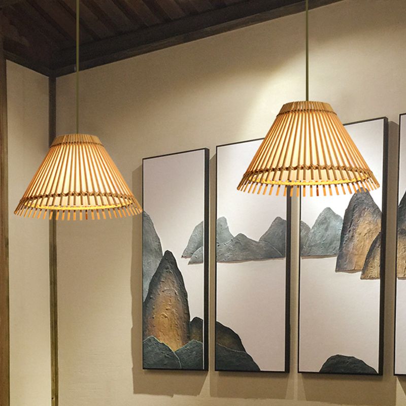 Bamboo Cone Ceiling Lamp Modern 1 Bulb Hanging Pendant Light in Wood for Living Room