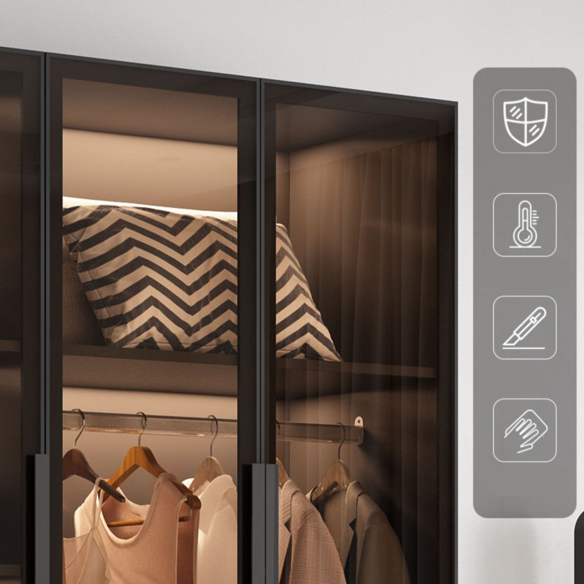 Freestanding Grey Wood Frame Wardrobe Modern Multifunctional Wardrobe with Glass Doors