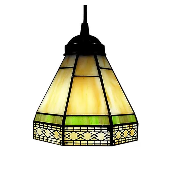 Stained Glass Conical Drop Lamp Tiffany-Style 1 Head Beige/Green/Blue Pendant Lighting Fixture for Living Room