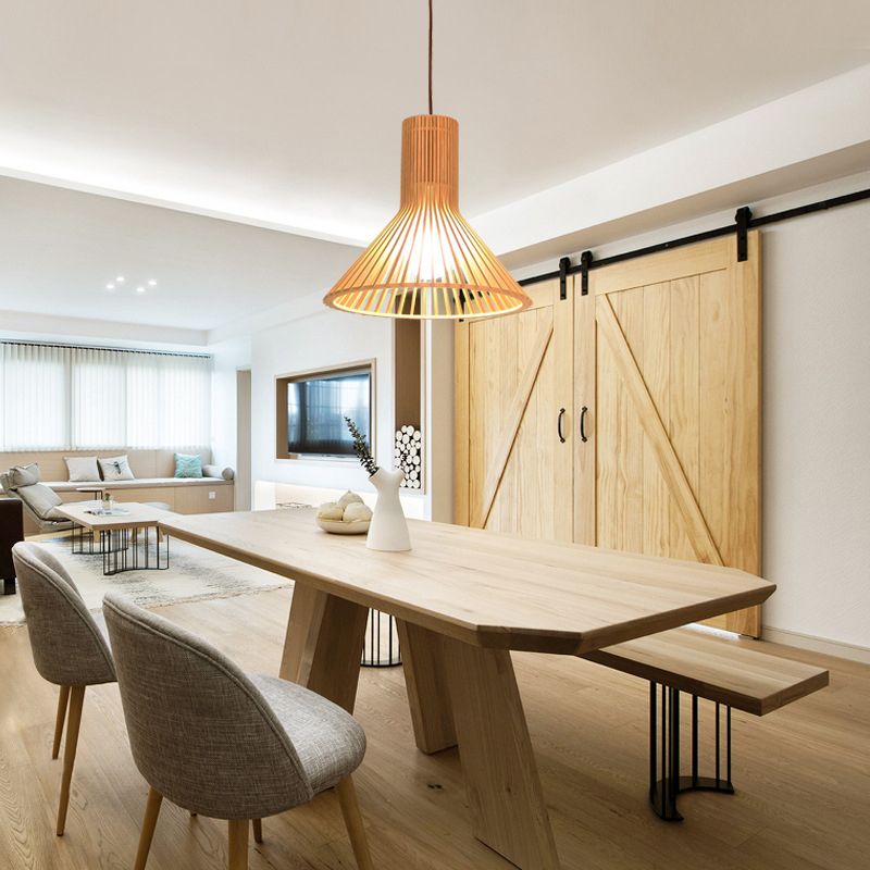 Shaded Dining Room Pendant Light Wood Single-Bulb Contemporary Suspension Light Fixture
