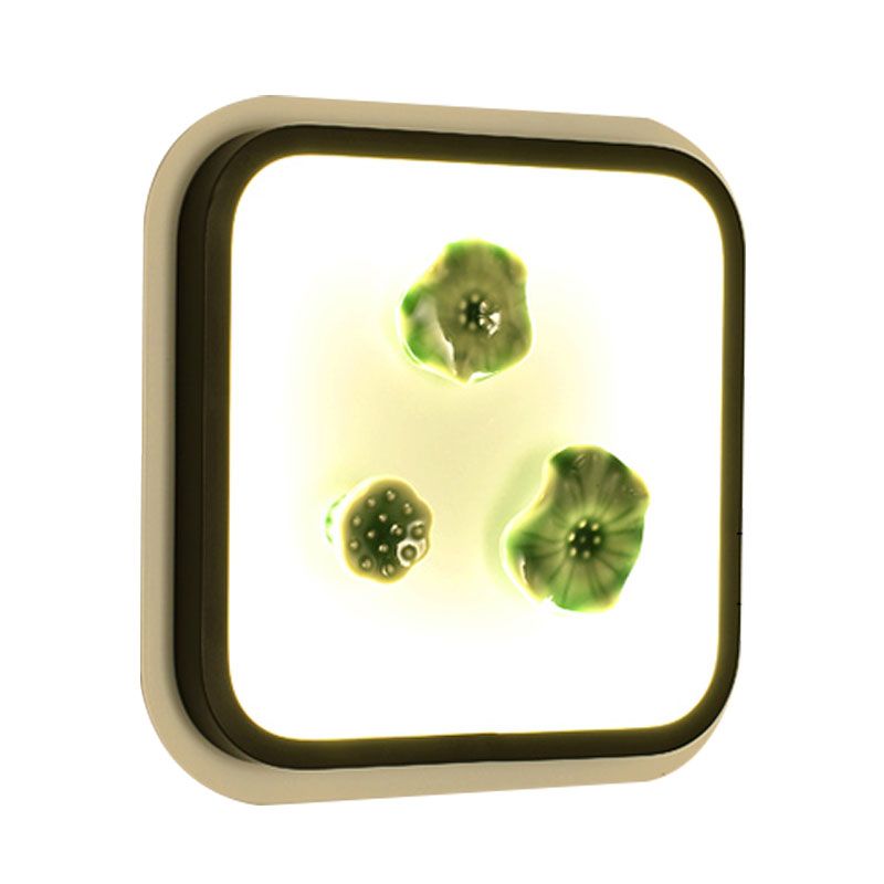White and Black Square Lotus Wall Mural Lamp Chinese Style LED Porcelain Wall Mount Light Fixture
