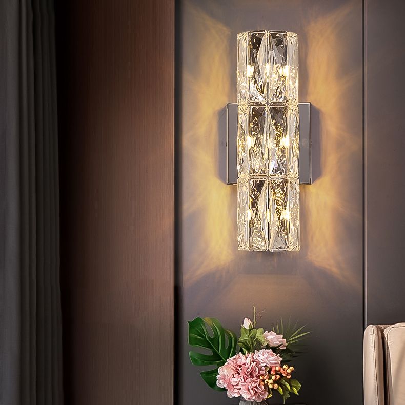 Postmodern Crystal Wall Light Cylinder Multi Light Wall Sconce in Chrome for Bedroom