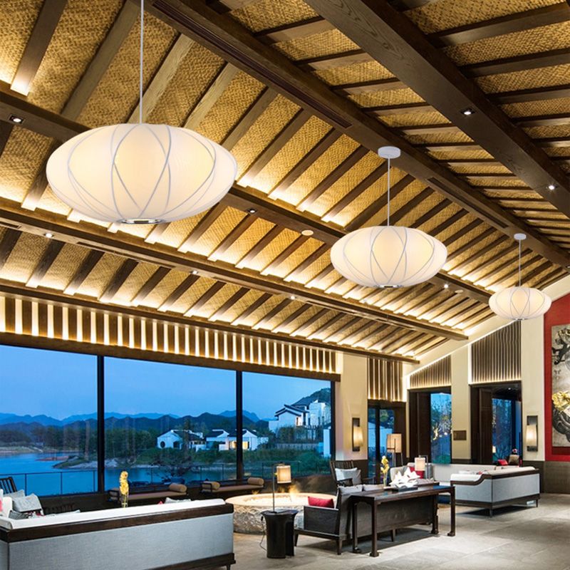 White Shaded Pendant Lighting Fixture Modern Fabric Hanging Ceiling Light for Restaurant
