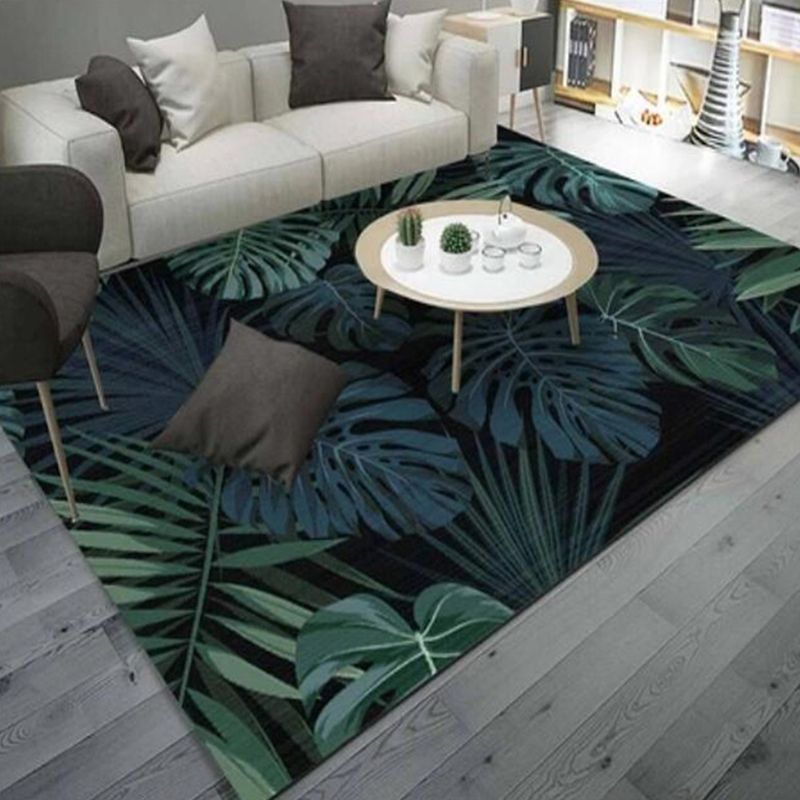 Dark Green Botanical Rug Polyester Modern Rug Stain Resistant Rug for Living Room