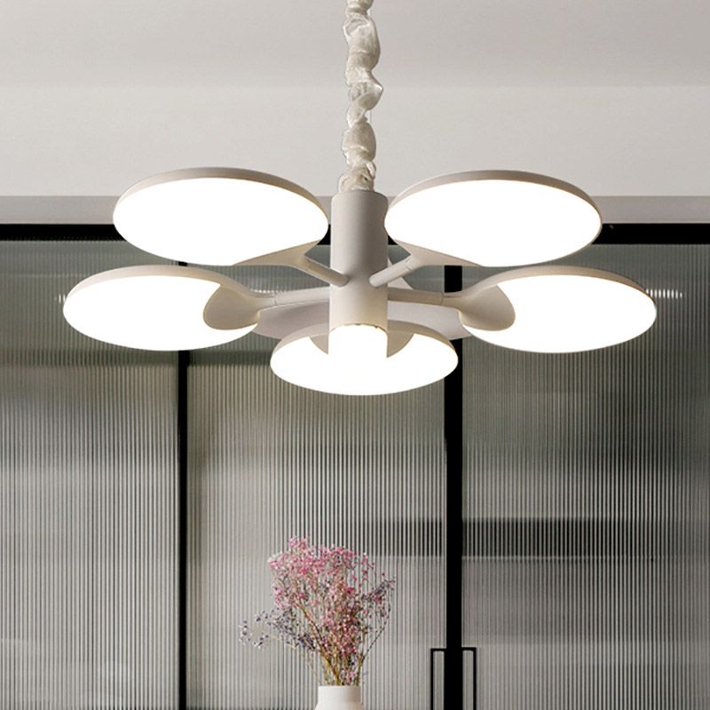 Modernism Circle Hanging Chandelier Acrylic 5 Lights Dining Room LED Pendant in White with Radial Design