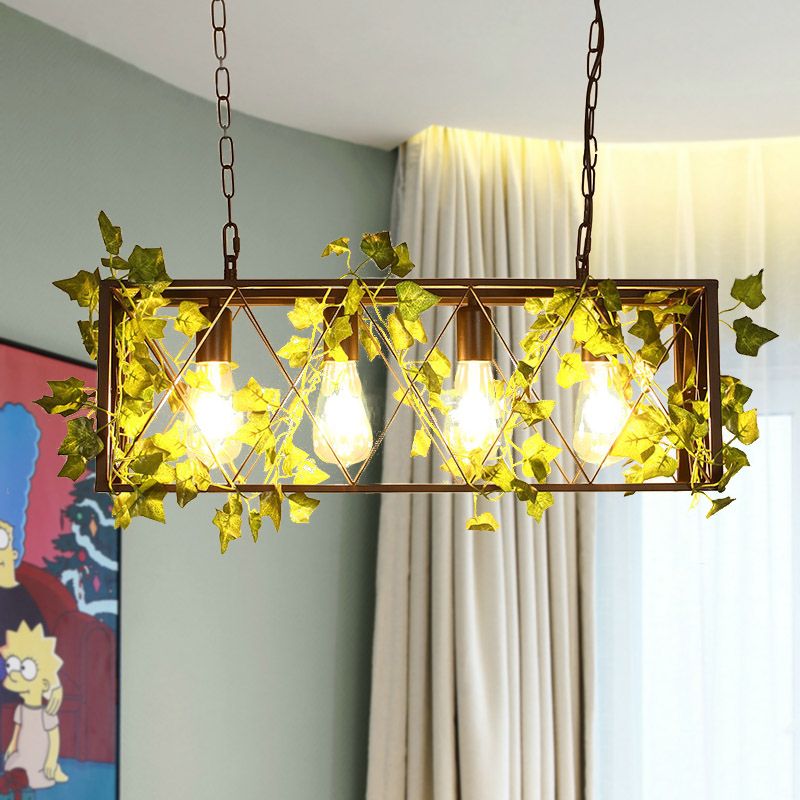 Red/Green 4 Lights Island Ceiling Light Retro Metal Rectangular LED Rose/Plant Drop Lamp for Restaurant
