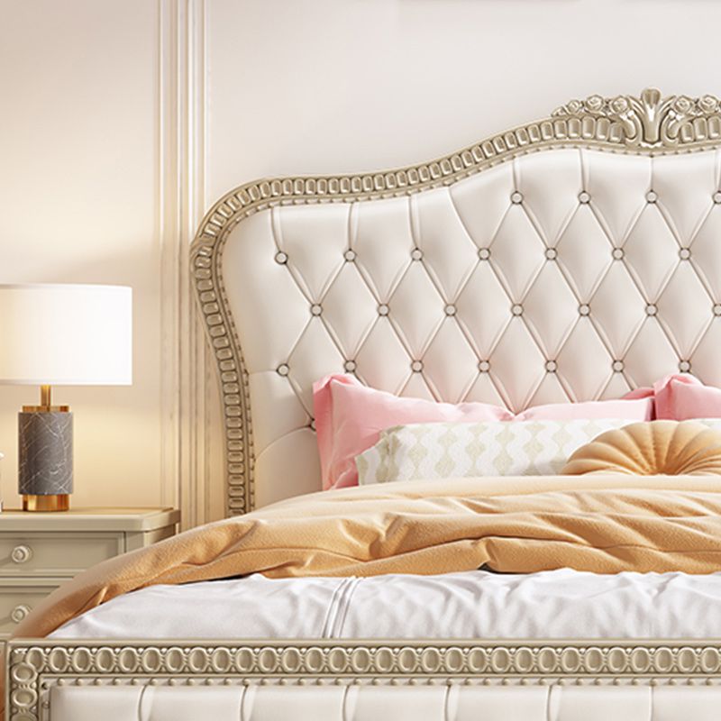 Queen Size Victorian Wood Bed Frame Tufted Upholstered Standard Bed in Beige