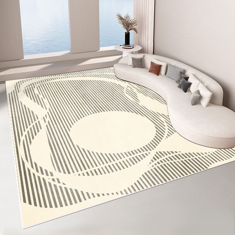 Beige Living Room Area Rug Color Block Polyester Area Carpet Non-Slip Backing Area Rug