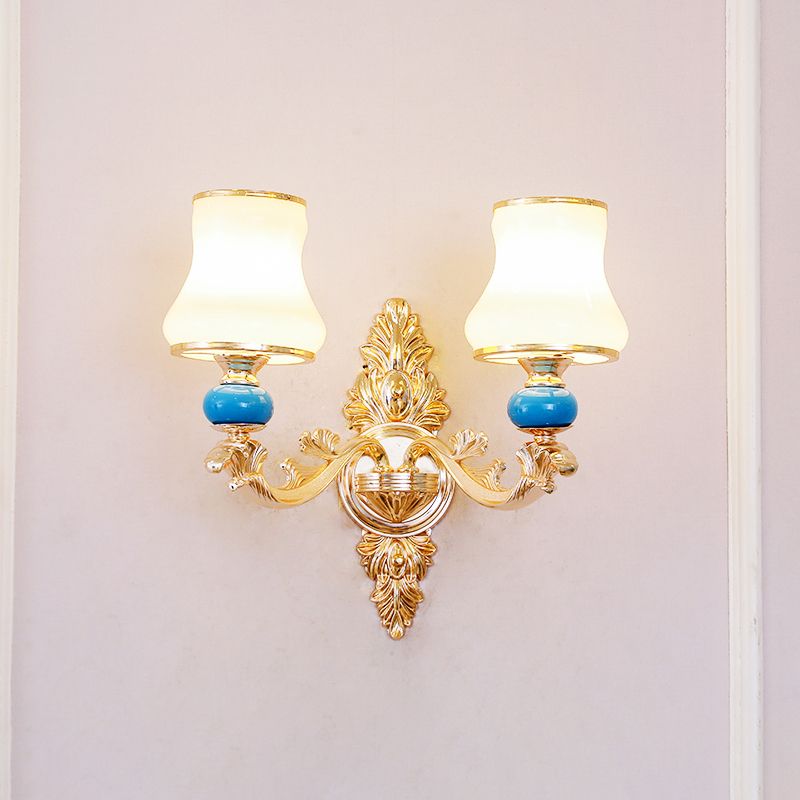 Gold Shaded Wall Lighting Simplicity Opal Glass Corridor Wall Light Fixture with Curved Arm