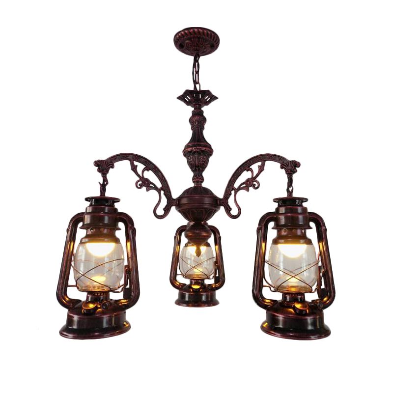 Clear Glass Black/Silver/Red Chandelier Light Lantern 3-Light Industrial Pendant Lamp for Kitchen