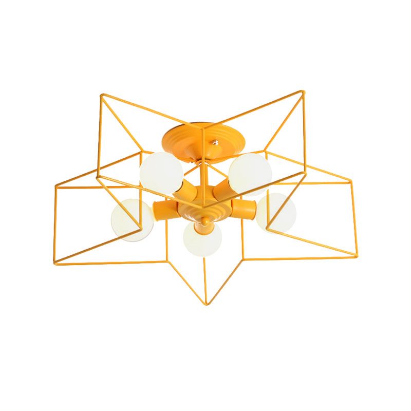 5 Bulbs Semi-Flush Ceiling Fixture with Star Cage Shade Metallic Loft Stylish Indoor Semi Flush Light in Grey/Pink