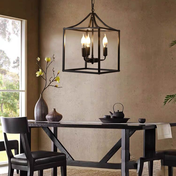 Black 3 Lights Pendant Lighting Retro Square Cage Metal Chandelier Lamp for Diner