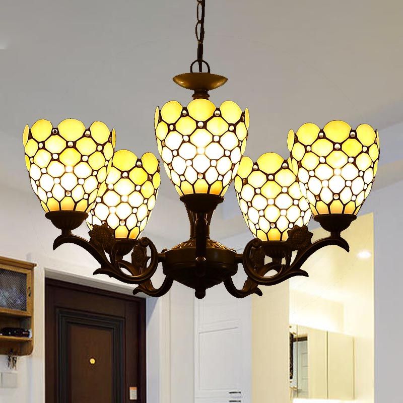 Tiffany bijou du lustre de lustre 5 lumières lampe de suspension en verre beige en noir