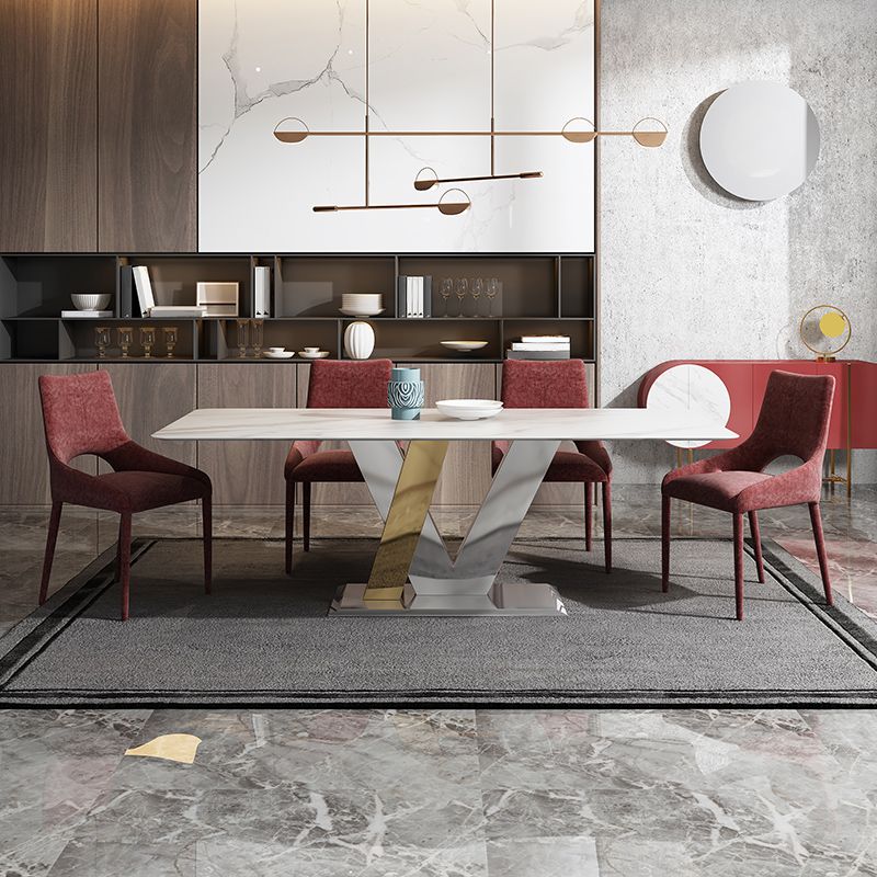 Luxury Sintered Stone Top Table Rectangle Table with Pedestal in Gold and Silver