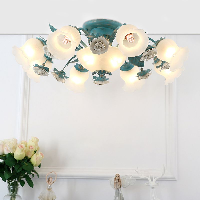 Korean Garden Flower Semi Flush Mount Frost Glass Ceiling Mounted Light for Bedroom