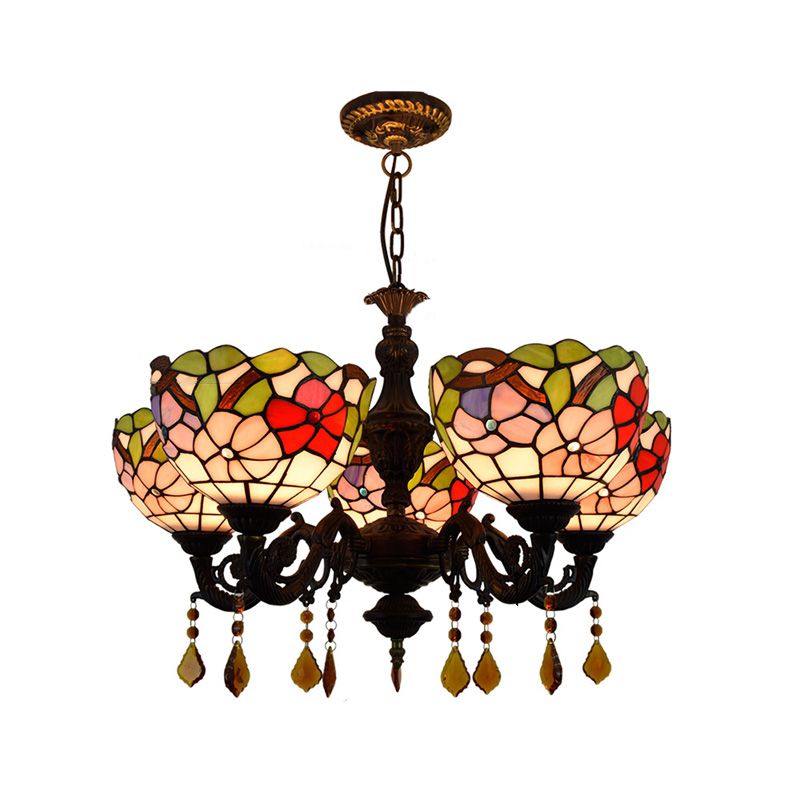 Lustre de style tiffany 5 lumières vitrail