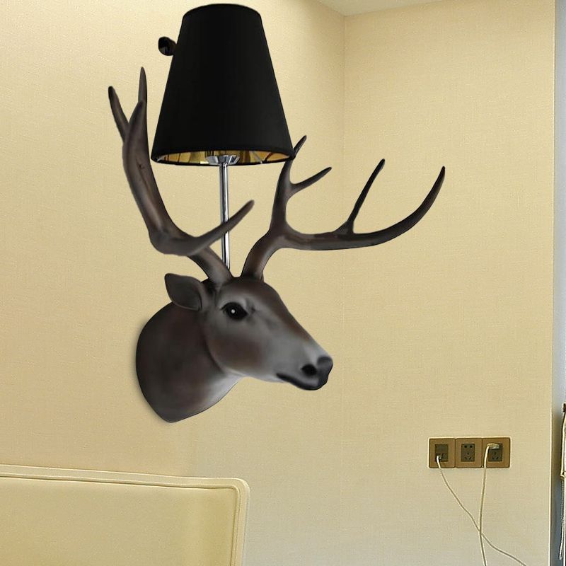 1 Bulb Elk Sconce Lamp Traditional Black Resin Wall Mounted Light for Dining Room with Tapered Fabric Shade