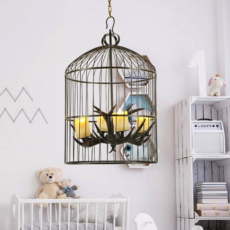 4 Lights Metal Chandelier Lamp Rustic Black Birdcage Living Room Down Lighting Pendant with Frosted Glass Shade