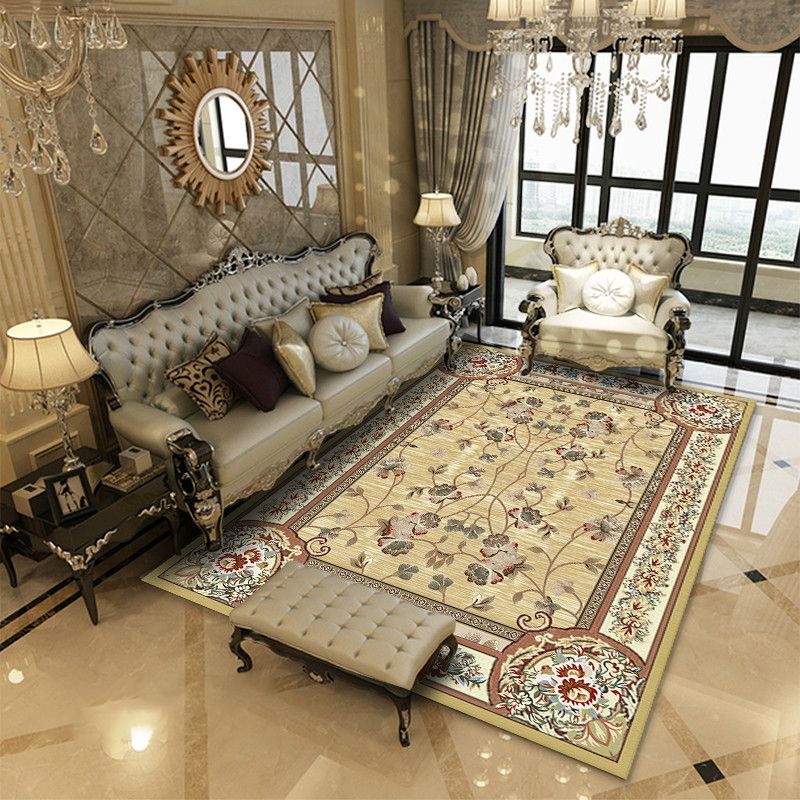 European Flower Pattern Carpet Polyester Area Rug Non-Slip Backing Area Rug for Living Room