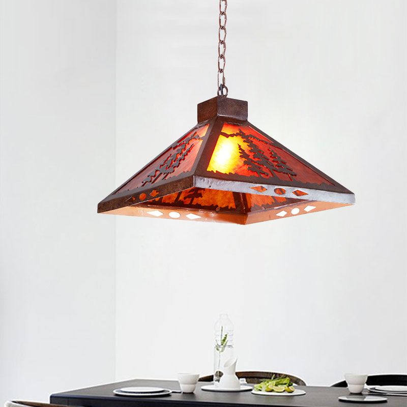 Rust Pyramid Pendant Lighting Fixture Country Style 1 Light Metal Hanging Ceiling Fixture for Dining Room