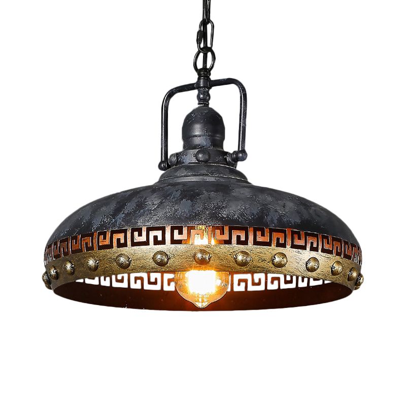 Antiquierte Schüssel nach unten Licht 1-Licht-Metallhanglampe in Schwarz mit rotierbarem Griff