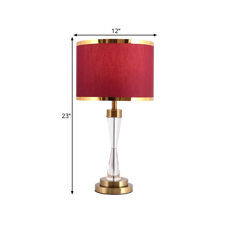 Fabric Shade Red Table Light Round 1 Head Traditional Crystal Night Stand Lamp for Living Room