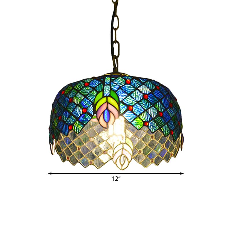 1 Light Peacock Tail Hanging Light Kit Méditerranéen Blue Cut Glass Pendant Éclairage avec tambour de tambour