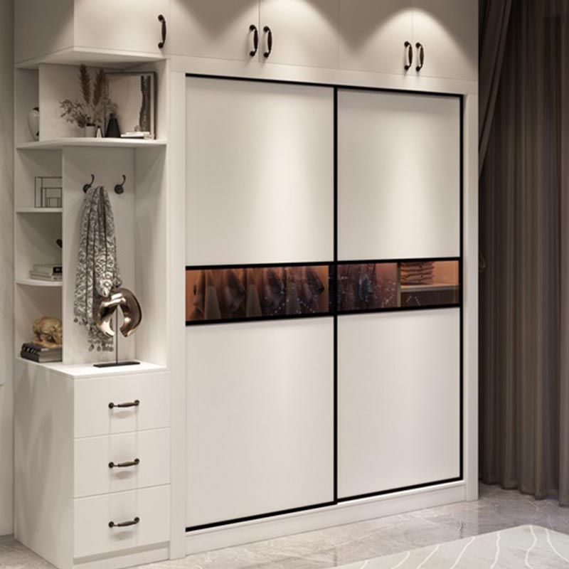 Contemporary Wardrobe White Colour Wooden Wardrobe Closet With 2 Drawers